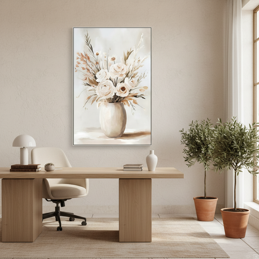 Πίνακας Καμβά Εκρού/Καφέ – Βάζο με Λουλούδια σε Κορνίζα 82.5x122.5cm