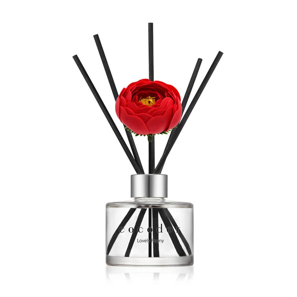 ocodor Camelia Lovely Peony με κόκκινο λουλούδι, μαύρα sticks και ασημί κολάρο σε λευκό φόντο - VassoHome