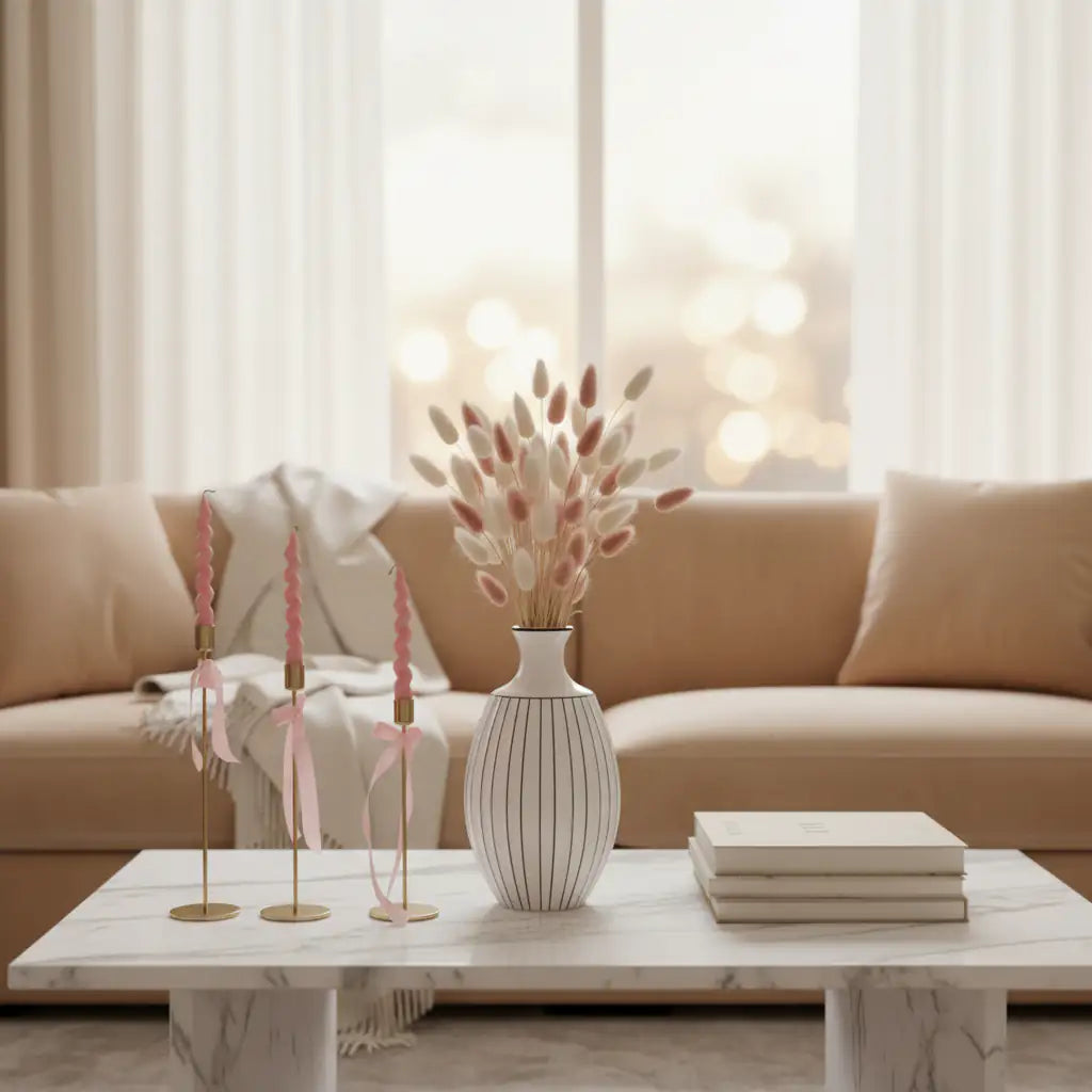 Elegant Gift Entry Set με κεραμικό βάζο με bunny tails και σετ 3 χρυσά κηροπήγια με ροζ spiral κεριά σε μαρμάρινο τραπέζι σαλονιού με μπεζ καναπέ στο βάθος