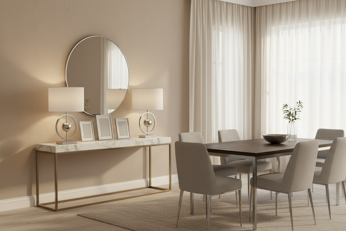 Silver Minimal & Light Set με δύο ασημί επιτραπέζιες λάμπες κύκλος σφαίρα σε μαρμάρινη κονσόλα με στρογγυλό καθρέφτη Emmett Silver, επάργυρες κορνίζες δίπλα σε τραπέζι τραπεζαρίας