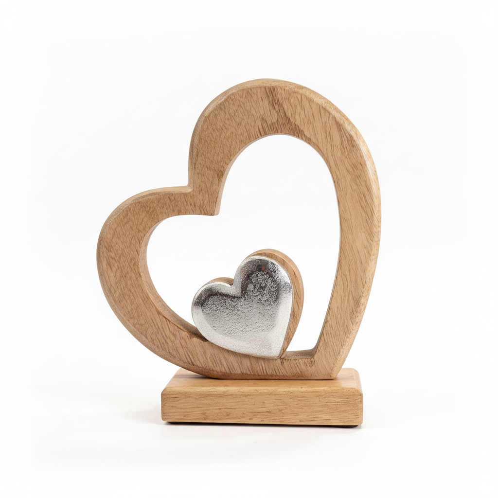 Ξύλινη καρδιά mango wood με ασημένια καρδιά 18x20cm μετωπική όψη σε λευκό φόντο