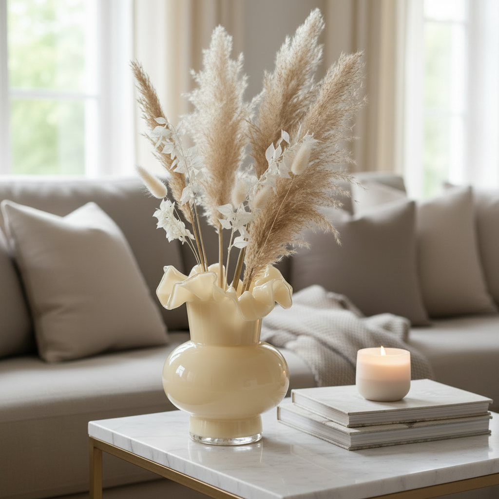 Γυάλινο βάζο cream 20x16cm με ruffled στόμιο με pampas grass και λευκά αποξηραμένα λουλούδια σε μαρμάρινο τραπεζάκι σαλονιού με αναμμένο κερί σε φωτεινό Scandinavian σαλόνι - VassoHome