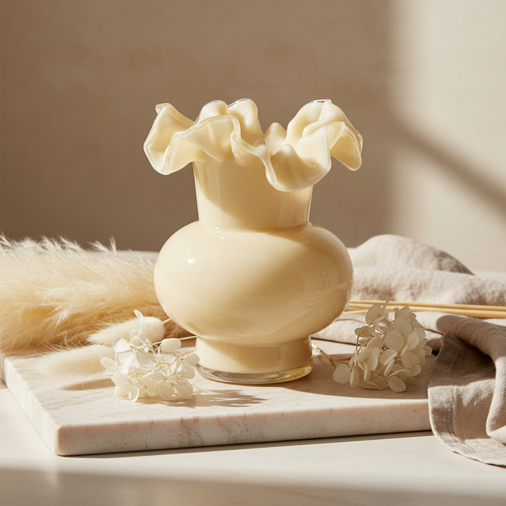 Γυάλινο βάζο cream 20x16cm με ruffled στόμιο άδειο σε μαρμάρινο δίσκο με pampas grass, αποξηραμένες ορτανσίες και bunny tails σε μπεζ φόντο - VassoHome