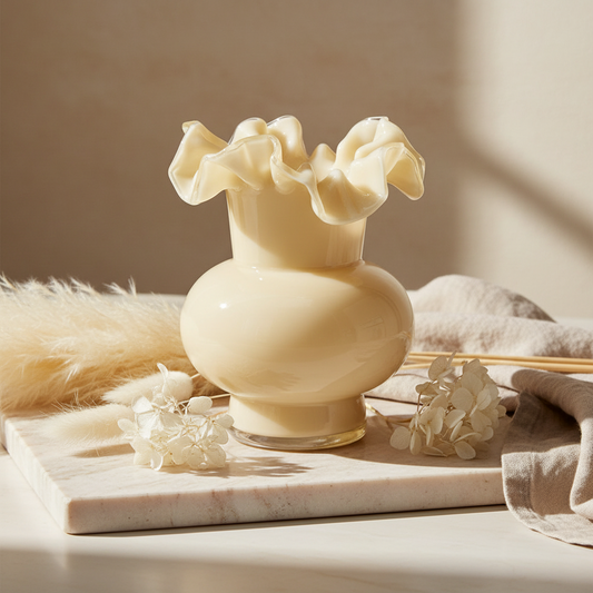 Γυάλινο βάζο cream 20x16cm με ruffled στόμιο άδειο σε μαρμάρινο δίσκο με pampas grass, αποξηραμένες ορτανσίες και bunny tails σε μπεζ φόντο - VassoHome