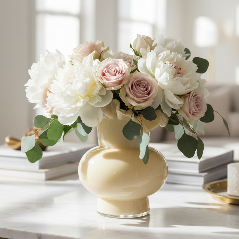 Γυάλινο βάζο cream 20x16cm με ruffled στόμιο με λευκές παιώνιες, ροζ τριαντάφυλλα και eucalyptus σε μαρμάρινο τραπεζάκι σαλονιού με βιβλία και χρυσό δίσκο - VassoHome