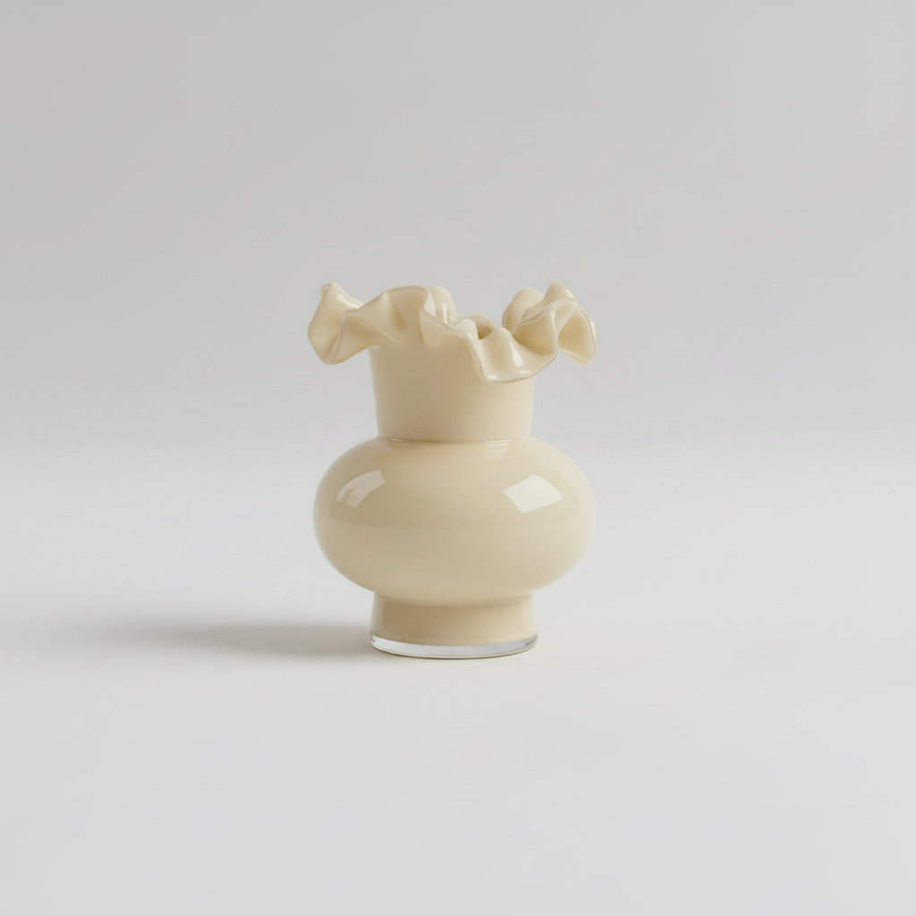 Γυάλινο βάζο cream 20x16cm με ruffled στόμιο άδειο σε γκρι φόντο, πλάγια όψη που αναδεικνύει το στρογγυλό σώμα και το κυματιστό στόμιο - VassoHome