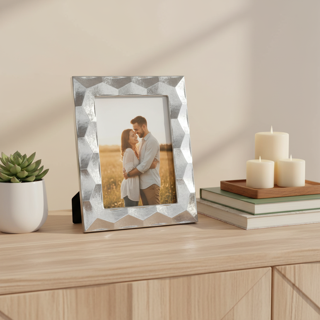 Ασημένιο επάργυρο κάδρο φωτογραφιών 13x18cm με 3D γωνίες σε ξύλινη κονσόλα με φωτογραφία ζευγαριού, λευκό παχύφυτο, βιβλία και αναμμένα κεριά σε ξύλινο δίσκο - VassoHome