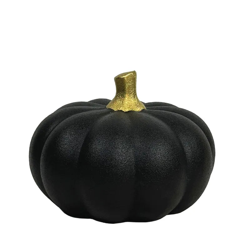 Large ceramic decorative pumpkin in matte black with gold stem, 20.3cm — VassoHome