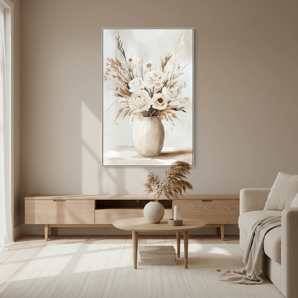 Πίνακας Καμβά Εκρού/Καφέ – Βάζο με Λουλούδια σε Κορνίζα 82.5x122.5cm