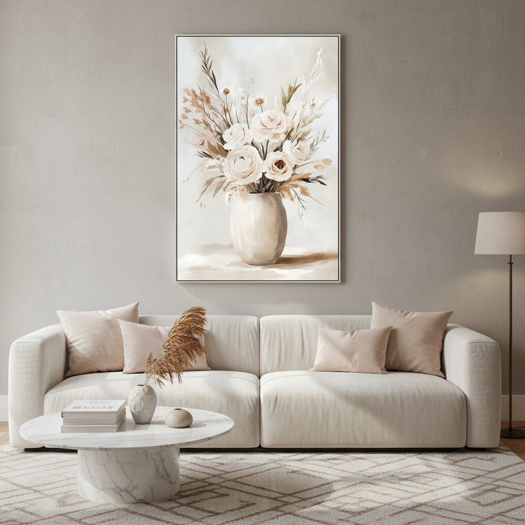Πίνακας Καμβά Εκρού/Καφέ – Βάζο με Λουλούδια σε Κορνίζα 82.5x122.5cm
