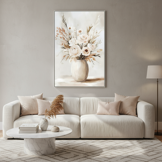Πίνακας Καμβά Εκρού/Καφέ – Βάζο με Λουλούδια σε Κορνίζα 82.5x122.5cm