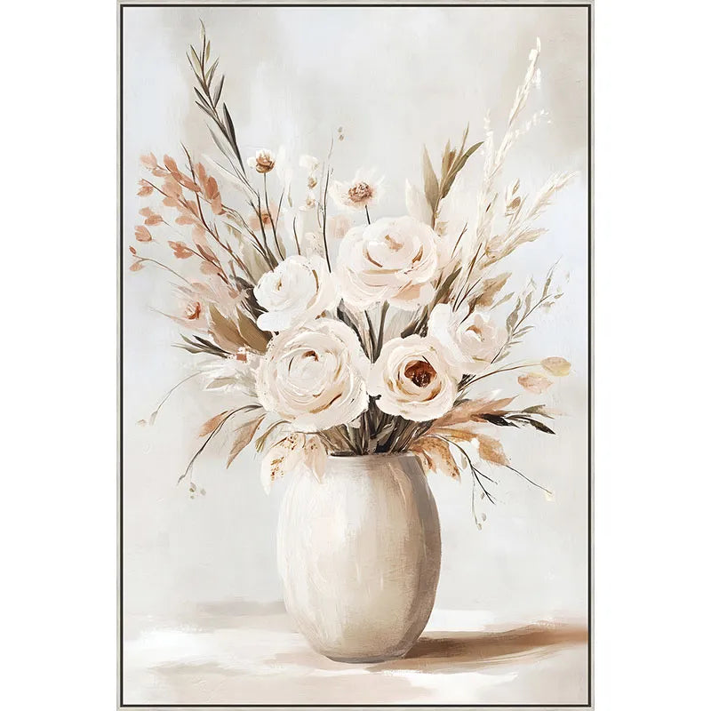 Πίνακας Καμβά Εκρού/Καφέ – Βάζο με Λουλούδια σε Κορνίζα 82.5x122.5cm