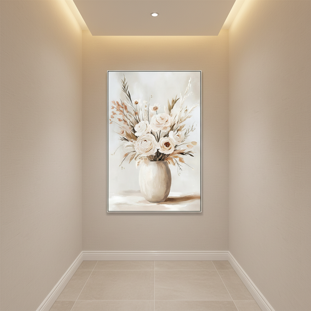 Πίνακας Καμβά Εκρού/Καφέ – Βάζο με Λουλούδια σε Κορνίζα 82.5x122.5cm