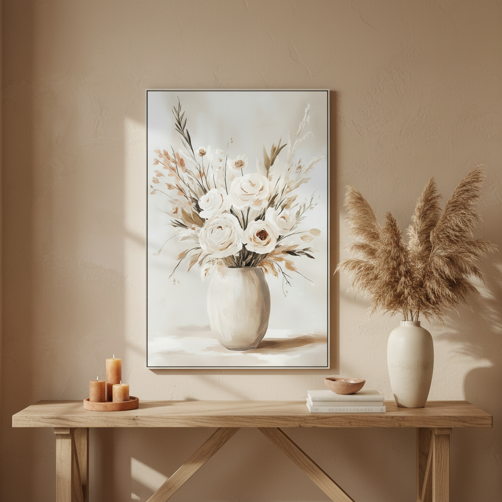 Πίνακας Καμβά Εκρού/Καφέ – Βάζο με Λουλούδια σε Κορνίζα 82.5x122.5cm