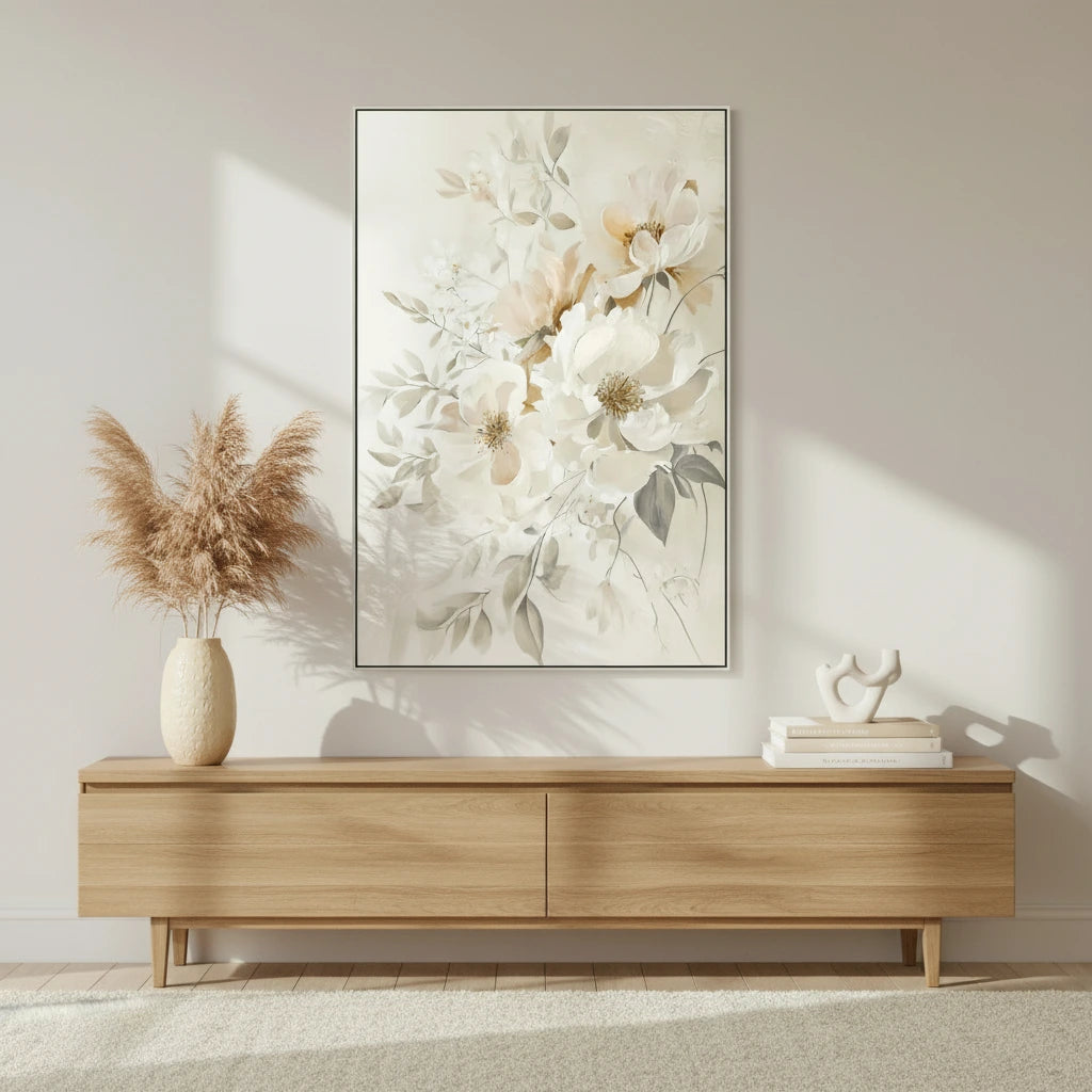 Πίνακας Καμβά Εκρού/Γκρι – Λουλούδια σε Κορνίζα 82.5x122.5cm