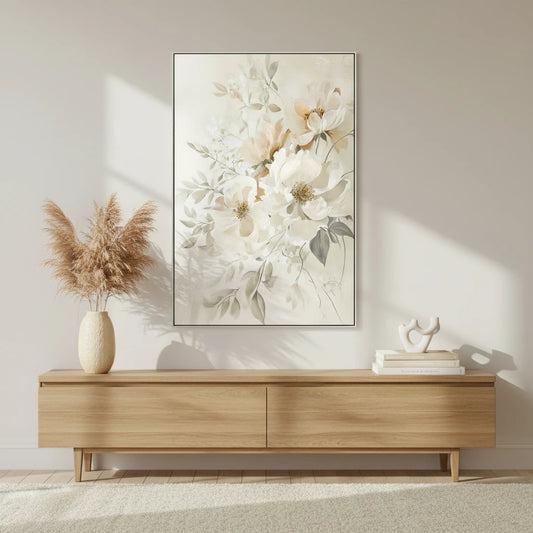 Πίνακας Καμβά Εκρού/Γκρι – Λουλούδια σε Κορνίζα 82.5x122.5cm