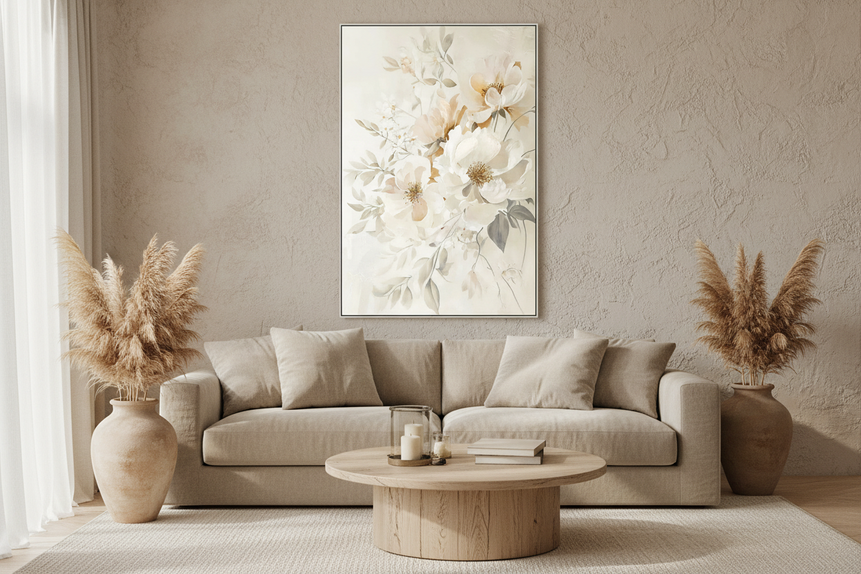 Πίνακας Καμβά Εκρού/Γκρι – Λουλούδια σε Κορνίζα 82.5x122.5cm