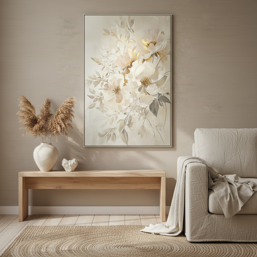 Πίνακας Καμβά Εκρού/Γκρι – Λουλούδια σε Κορνίζα 82.5x122.5cm