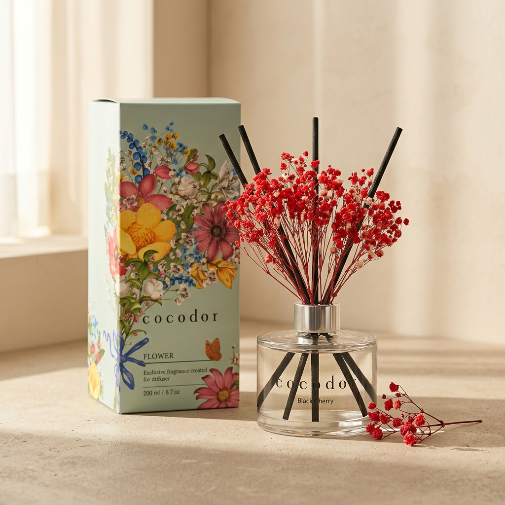 Cocodor Flower Diffuser Black Cherry με κόκκινα λουλούδια και μαύρα sticks δίπλα στη συσκευασία του, σε φωτεινή μπεζ επιφάνεια - VassoHome