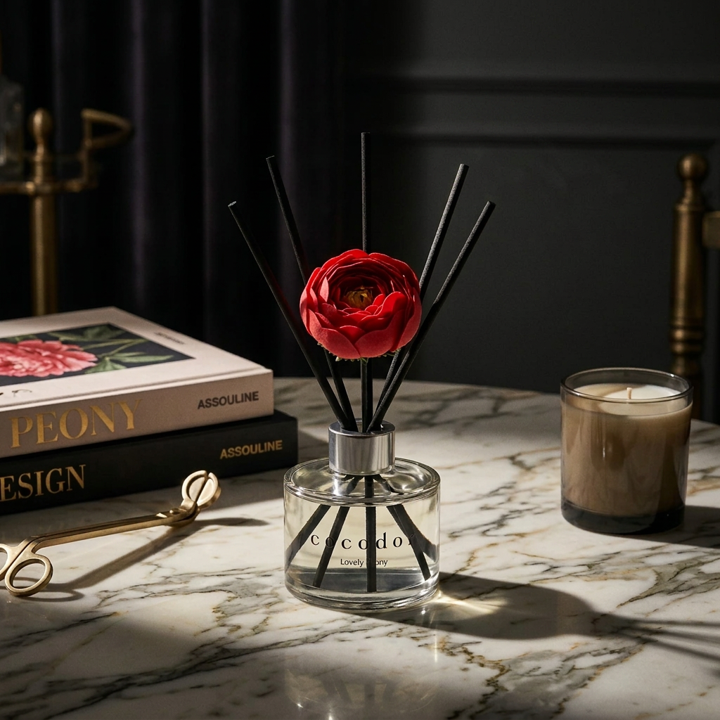 Cocodor Camelia Lovely Peony με κόκκινο λουλούδι και μαύρα sticks σε μαρμάρινο τραπέζι με βιβλία και κερί, σε σκούρο φόντο - VassoHome