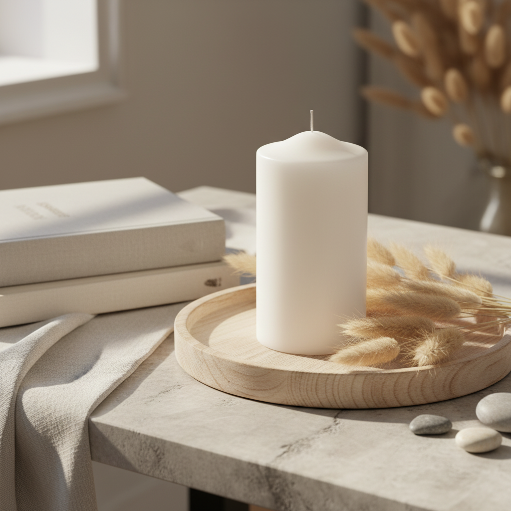 Λευκό κερί κολώνα Ø7x14cm σε ξύλινο δίσκο με bunny tail pampas grass, βιβλία  και βότσαλα σε μαρμάρινη επιφάνεια - VassoHome