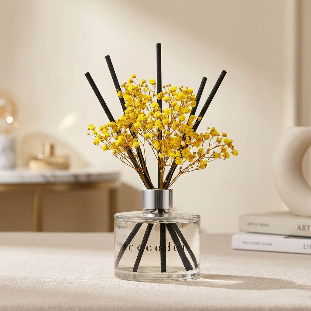 Cocodor Flower Diffuser με κίτρινα λουλούδια, μαύρα sticks και ασημί κολάρο σε φωτεινή μπεζ επιφάνεια με βιβλία στο φόντο - VassoHome