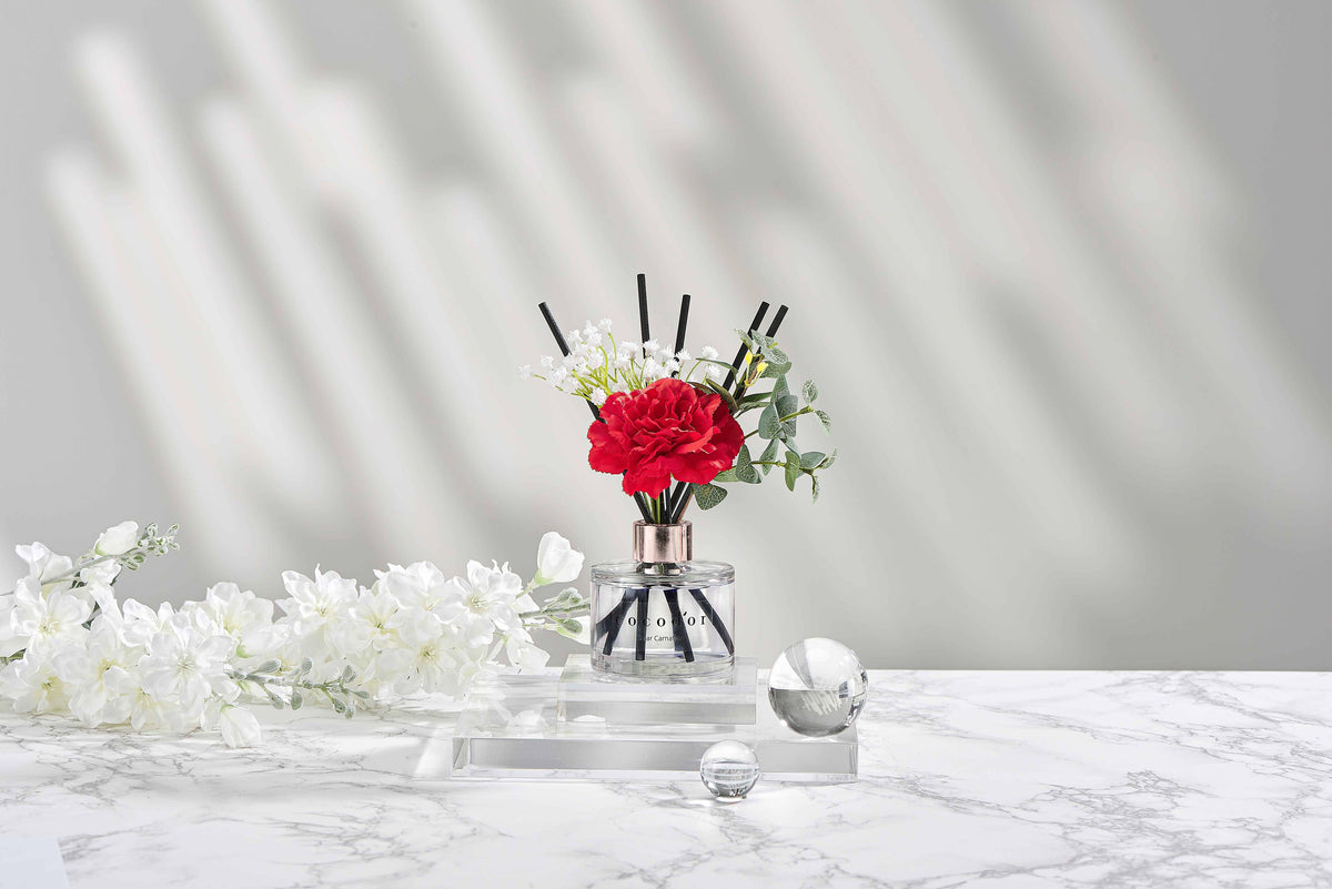Cocodor Carnation με κόκκινο γαρίφαλο, λευκά λουλούδια και πράσινα φύλλα σε διάφανη βάση με γυάλινες σφαίρες και μαρμάρινη επιφάνεια - VassoHome