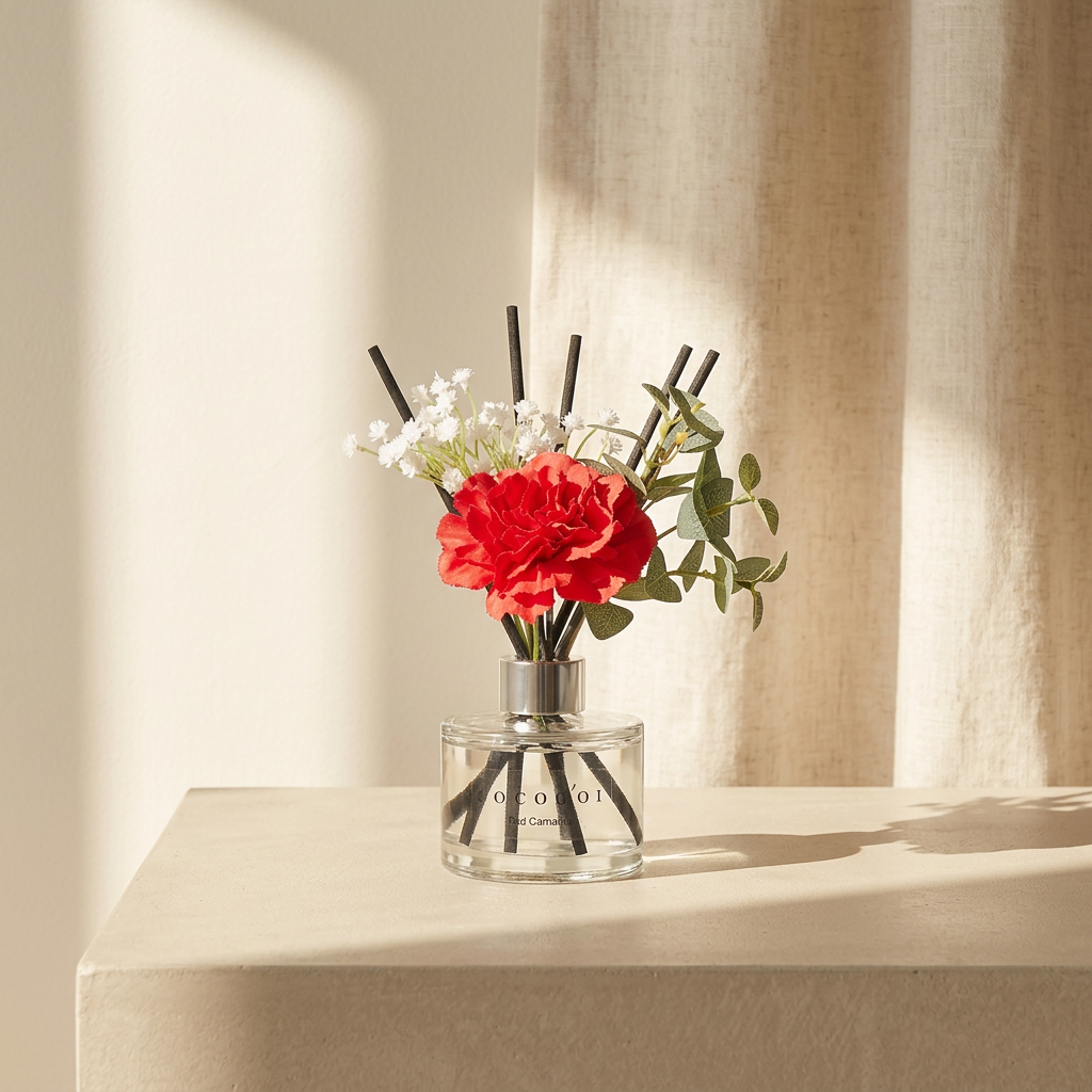 Cocodor Carnation με κόκκινο γαρίφαλο, λευκά λουλούδια και πράσινα φύλλα σε διάφανη βάση με γυάλινες σφαίρες και μαρμάρινη επιφάνεια - VassoHome