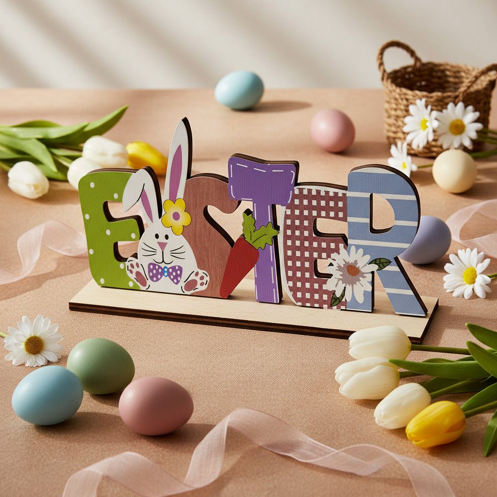 Wooden Happy Easter Sign with Bunny & Carrot 22x9cm - Decorative Accessories - VassoHome