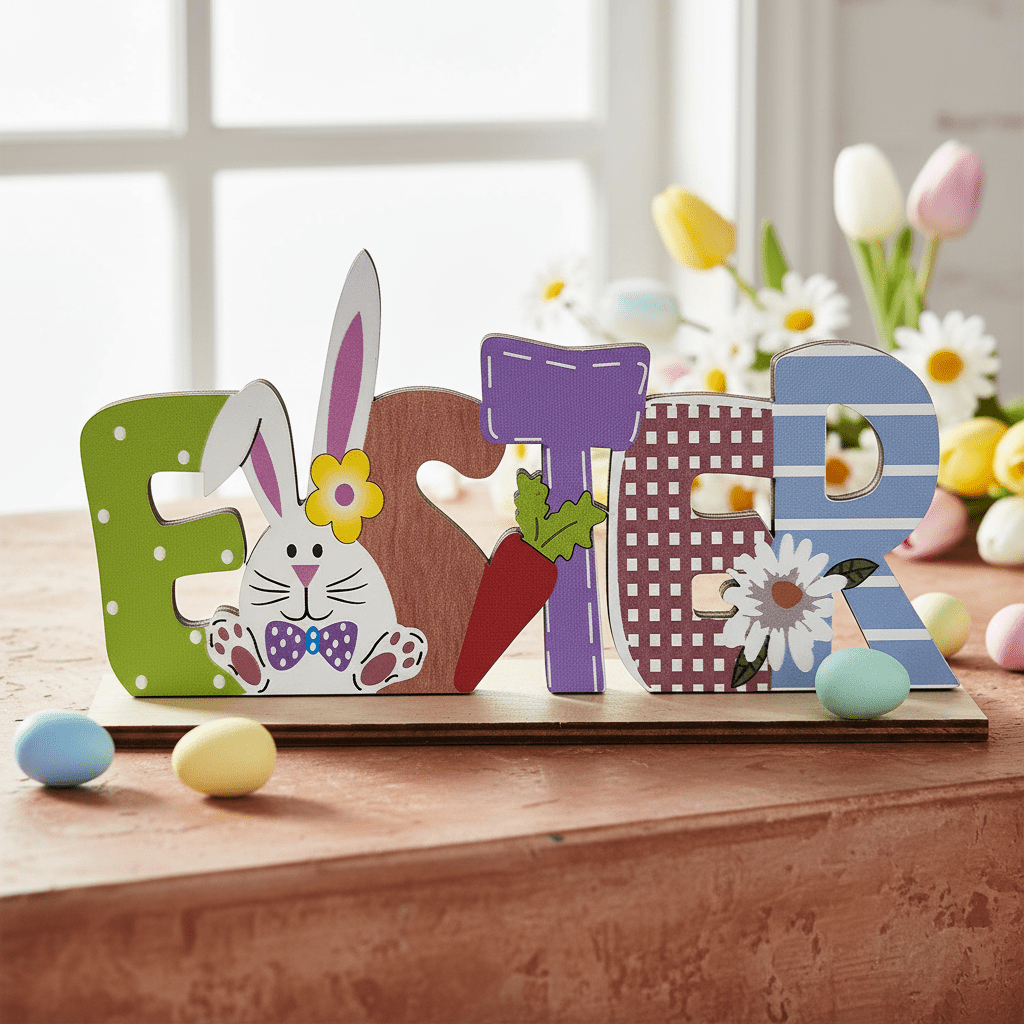 Wooden Happy Easter Sign with Bunny & Carrot 22x9cm - Decorative Accessories - VassoHome