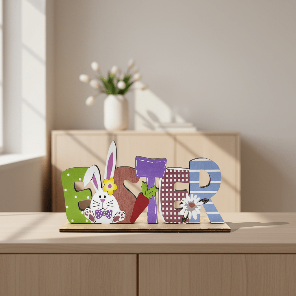 Wooden Happy Easter Sign with Bunny & Carrot 22x9cm - Decorative Accessories - VassoHome