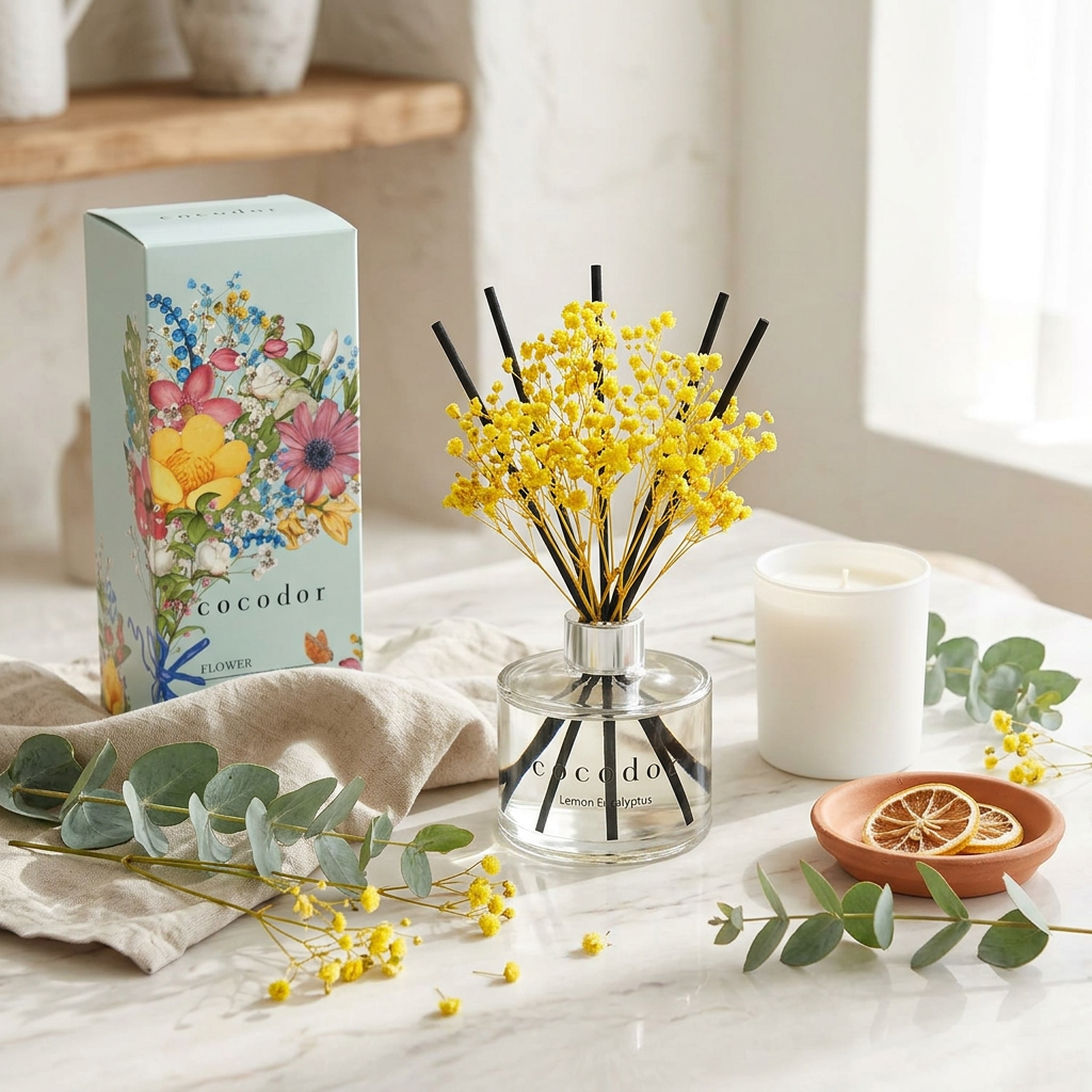 Cocodor Flower Diffuser με κίτρινα λουλούδια και μαύρα sticks δίπλα στη συσκευασία του, με λευκό κερί, ευκάλυπτο και αποξηραμένες φέτες εσπεριδοειδών - VassoHome