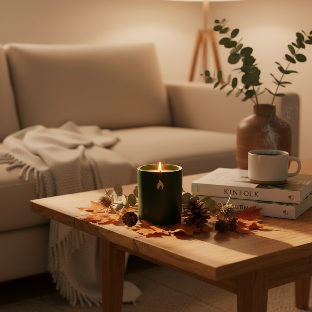 Αρωματικό κερί Anktis Linen Matcha & Woods αναμμένο σε ξύλινο τραπεζάκι σαλονιού με φθινοπωρινά φύλλα, κουκουνάρια, βιβλία Kinfolk και φλιτζάνι καφέ - VassoHome