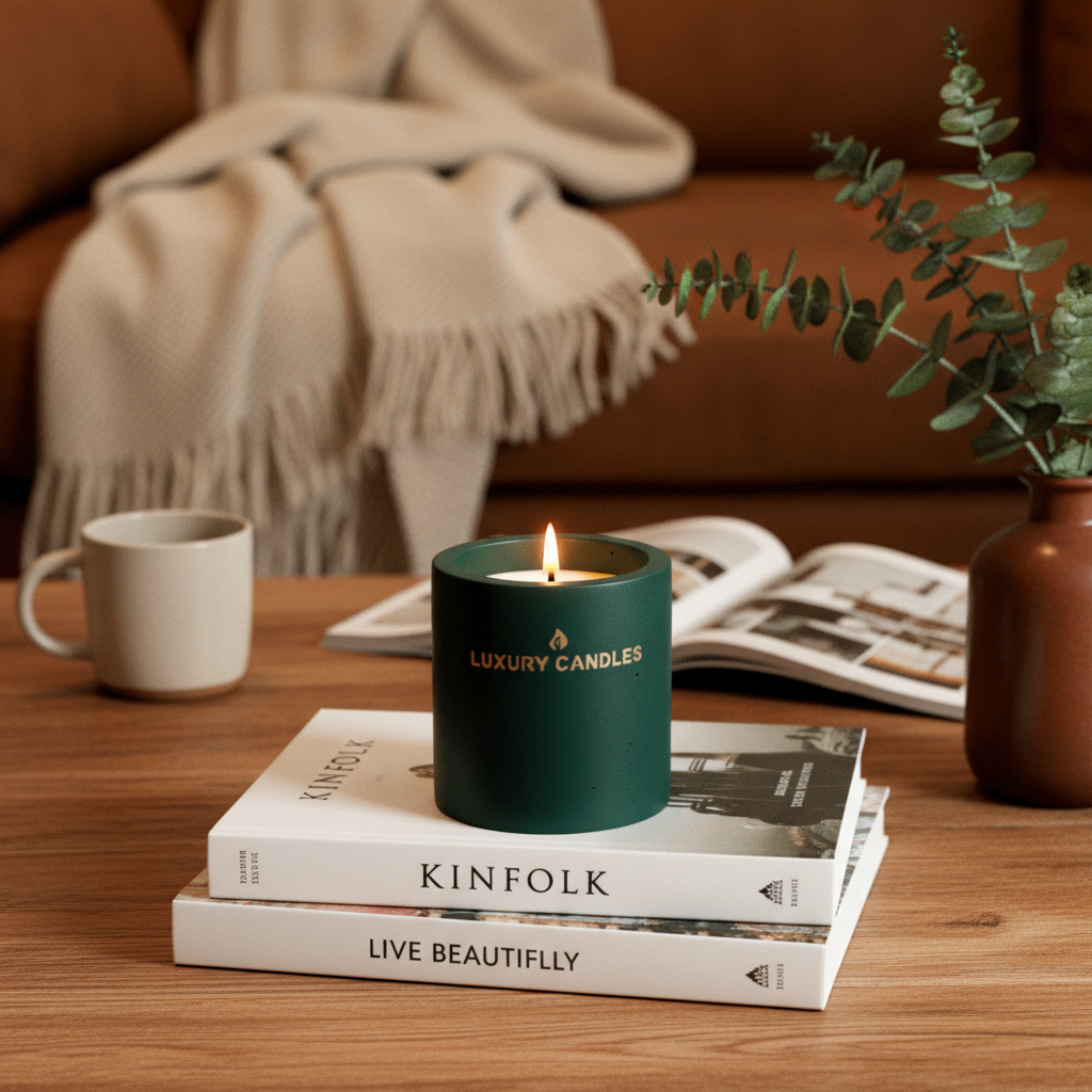 Αρωματικό κερί Anktis Linen Matcha & Woods αναμμένο σε ξύλινο τραπέζι με βιβλία Kinfolk, ανοιχτό περιοδικό, terracotta βάζο με ευκάλυπτο και καφέ καναπέ στο βάθος - VassoHome