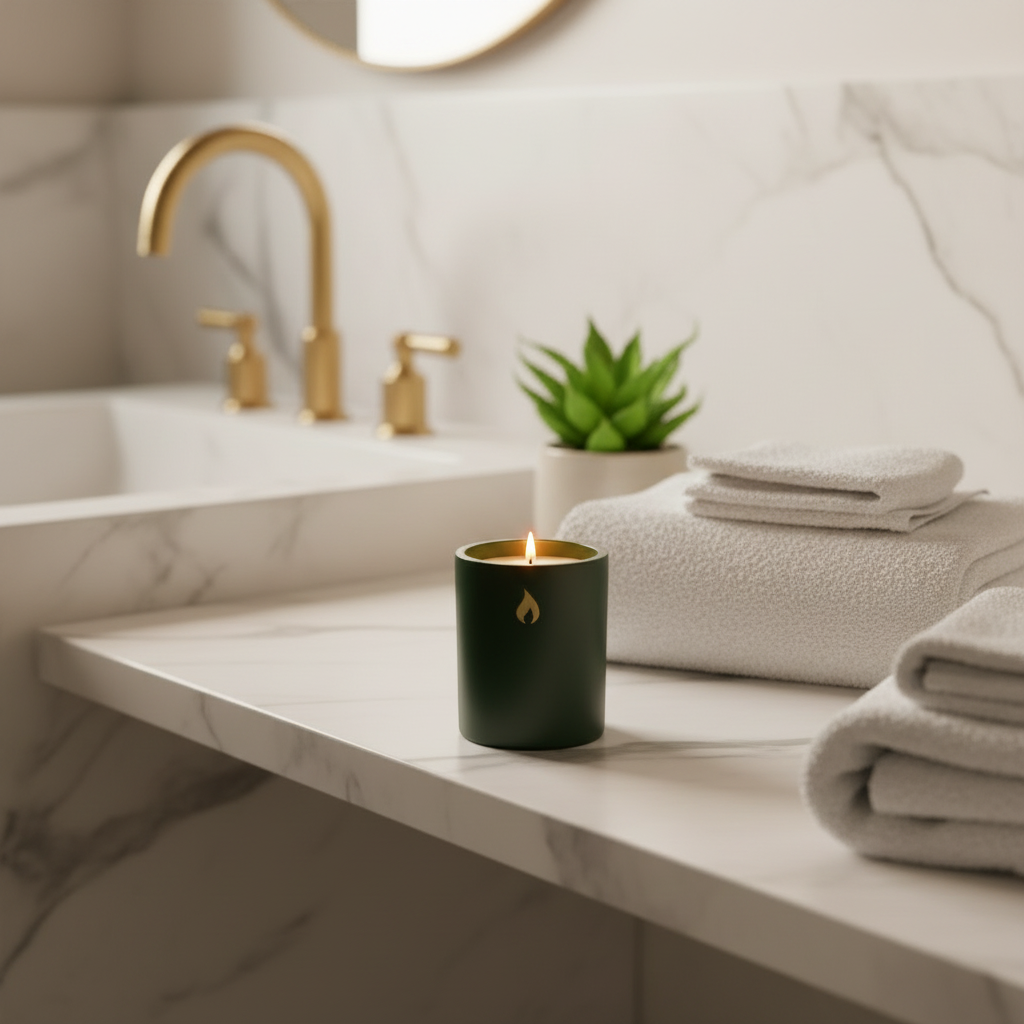 Αρωματικό κερί Anktis Linen Matcha & Woods αναμμένο σε μαρμάρινη επιφάνεια μπάνιου με χρυσή βρύση, λευκές πετσέτες και παχύφυτο, spa ατμόσφαιρα - VassoHome