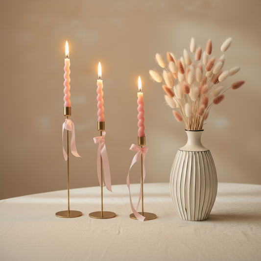 Κοντινό Elegant Gift Entry Set με 3 αναμμένα ροζ spiral κεριά σε χρυσά κηροπήγια με ροζ κορδέλες και κεραμικό βάζο με bunny tails