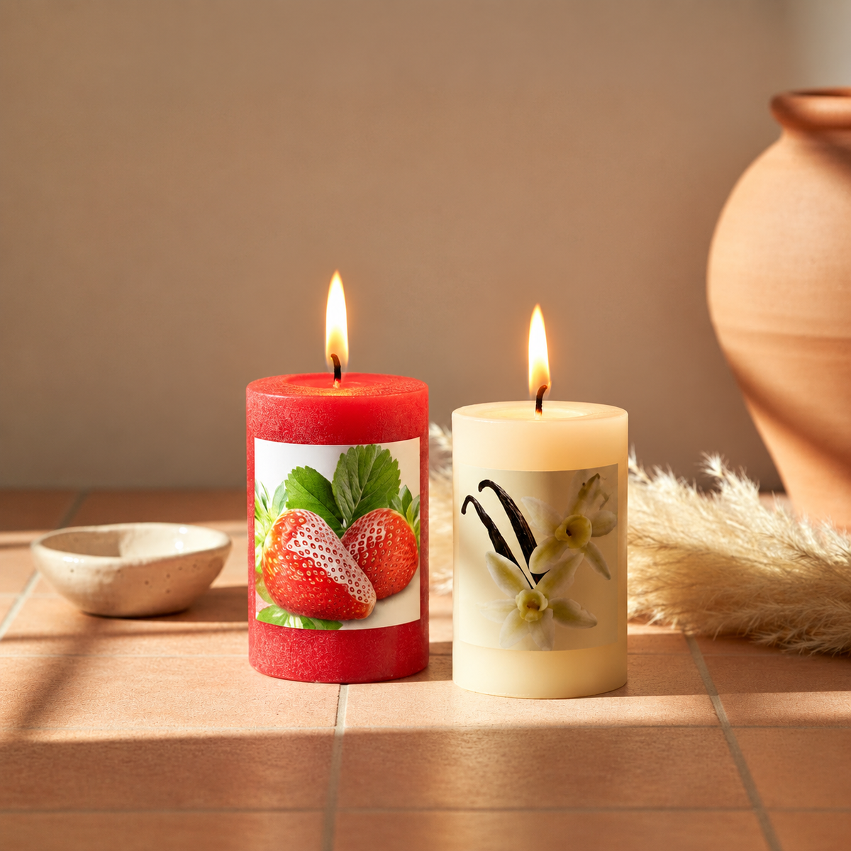 Αρωματικά κεριά κολώνα Strawberry και Vanilla αναμμένα σε μπεζ lifestyle φόντο με terracotta βάζο και pampas grass - VassoHome
