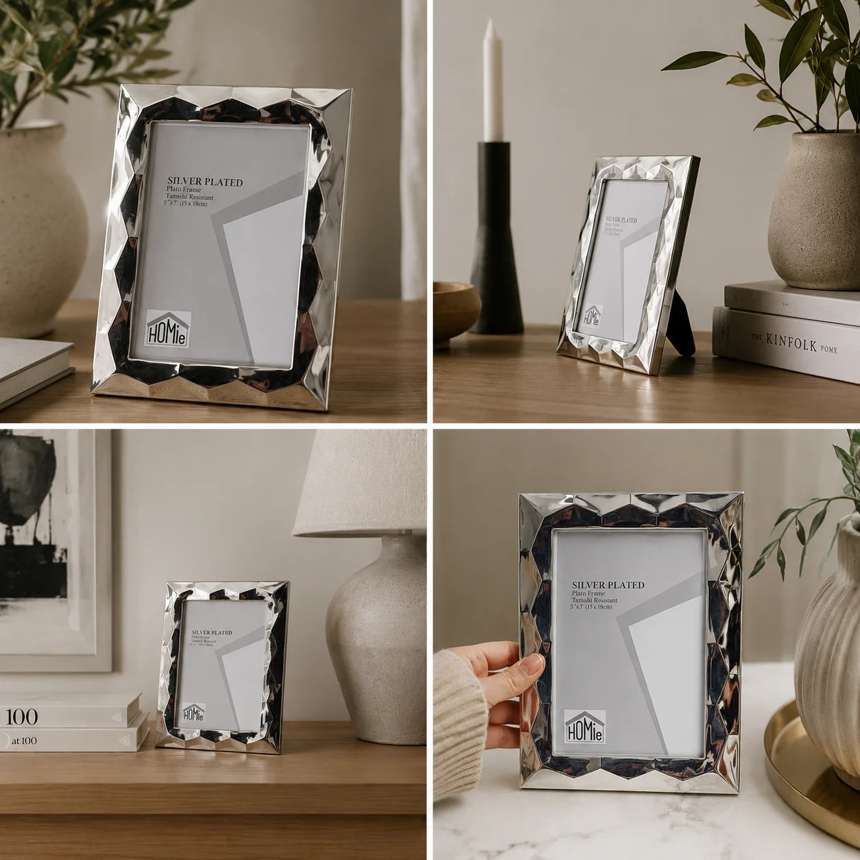 Ασημένιο επάργυρο κάδρο φωτογραφιών 13x18cm με 3D γωνίες collage lifestyle σε ξύλινο γραφείο, βιβλία Kinfolk, μαύρο κηροπήγιο και μαρμάρινη επιφάνεια - VassoHome