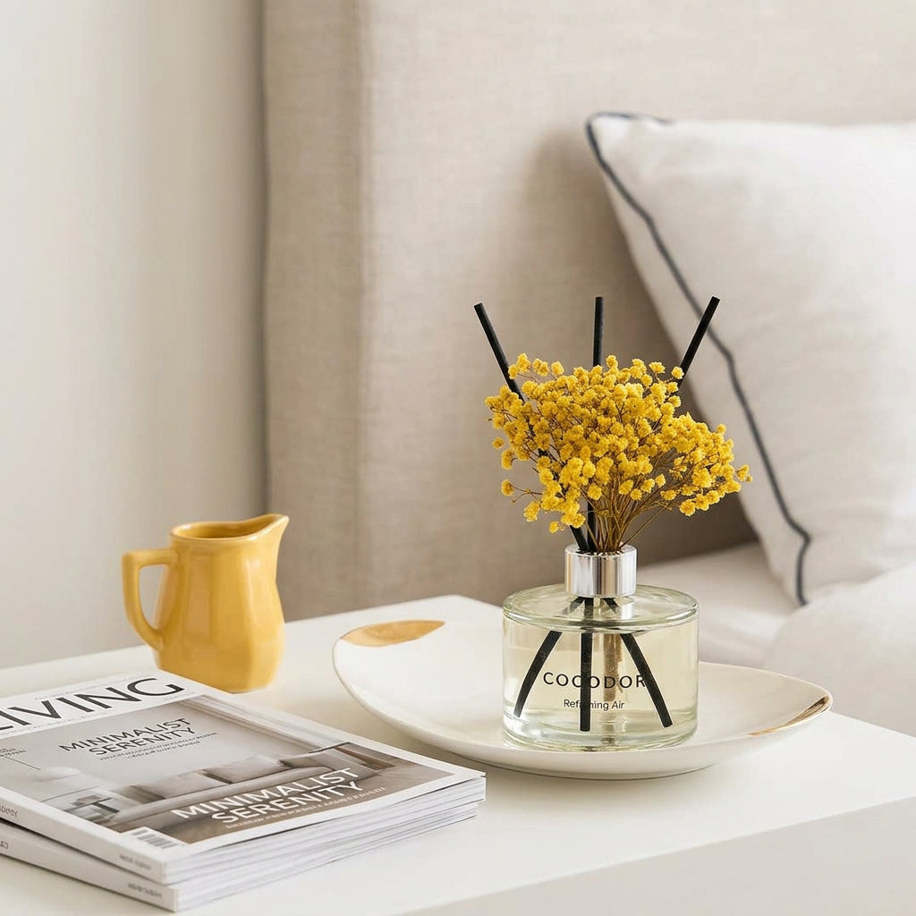 Cocodor Flower Diffuser με κίτρινα λουλούδια σε λευκό διακοσμητικό δίσκο πάνω σε κομοδίνο, δίπλα σε περιοδικά και κίτρινη κανάτα - VassoHome