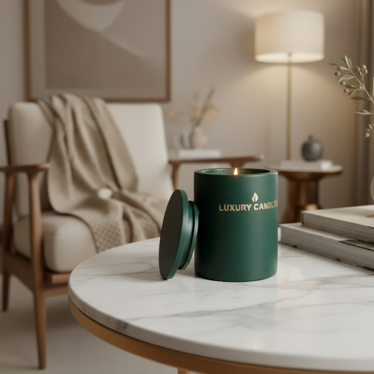 Αρωματικό κερί Anktis Linen Matcha & Woods αναμμένο σε στρογγυλό μαρμάρινο τραπεζάκι σαλονιού με μπεζ πολυθρόνα, λάμπα δαπέδου και κλαδί ελιάς στο βάθος - VassoHome