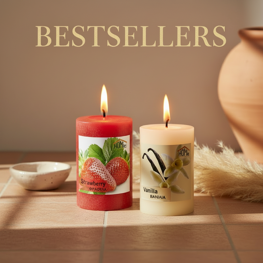 Αρωματικά κεριά κολώνα Strawberry και Vanilla αναμμένα σε μπεζ lifestyle φόντο με terracotta βάζο και pampas grass - VassoHome