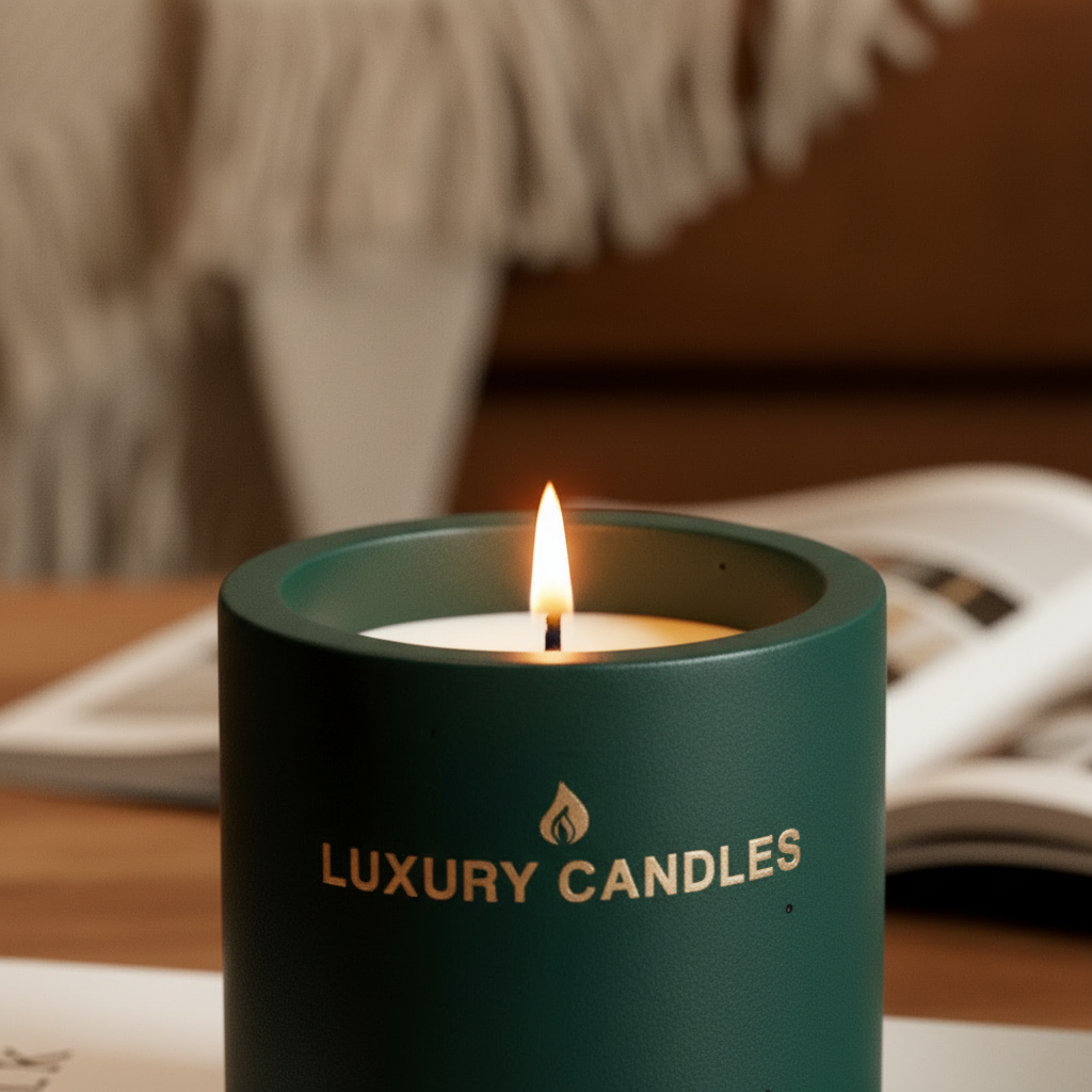 Αρωματικό κερί Anktis Linen Matcha & Woods close-up αναμμένης φλόγας που αναδεικνύει το πράσινο ματ δοχείο και το χρυσό λογότυπο - VassoHome