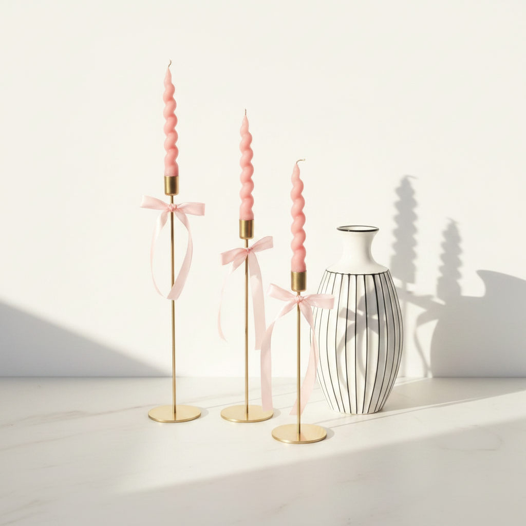 Elegant Atmosphere Set - Triple Candle Holders & Vase. Σετ 3 χρυσά κηροπήγια με ροζ spiral κεριά και ροζ κορδέλες δίπλα σε ριγέ κεραμικό βάζο σε μαρμάρινη επιφάνεια με λευκό φόντο - VassoHome