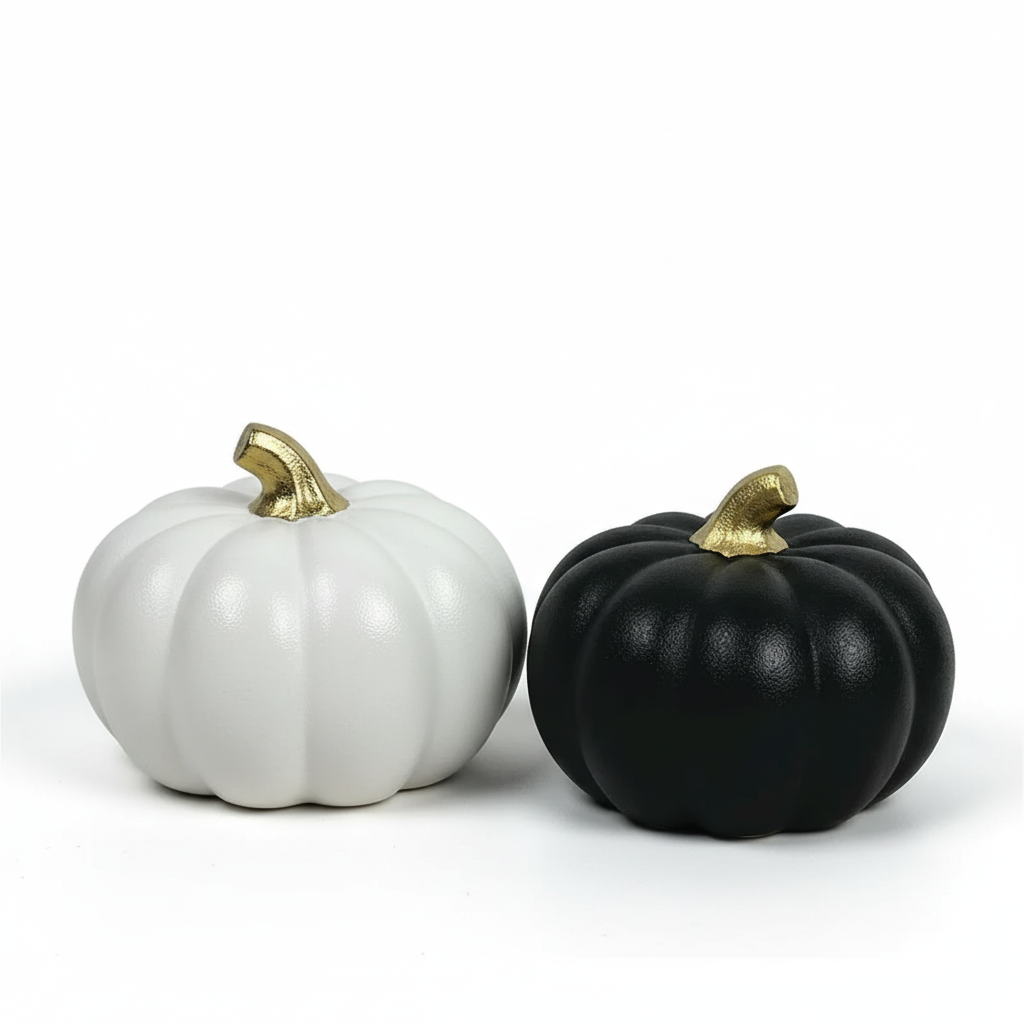 Ceramic decorative pumpkins in matte white and matte black with gold stem, 15.2cm — VassoHome