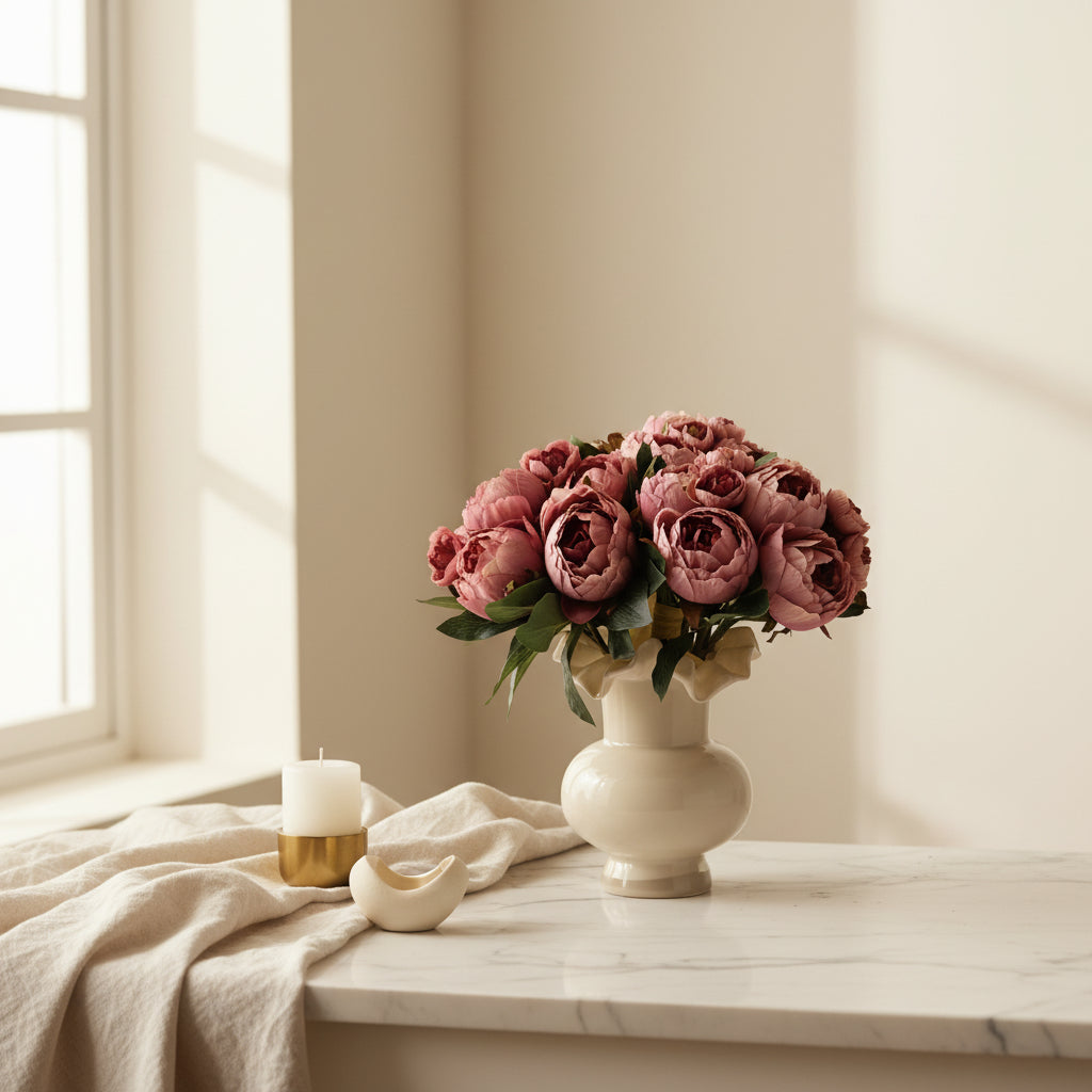 Γυάλινο βάζο cream 20x16cm με ruffled στόμιο με τεχνητές dusty pink παιώνιες σε μαρμάρινο κονσόλα με λευκό κερί σε χρυσό κηροπήγιο, λινό ύφασμα και φυσικό φως από παράθυρο - VassoHome