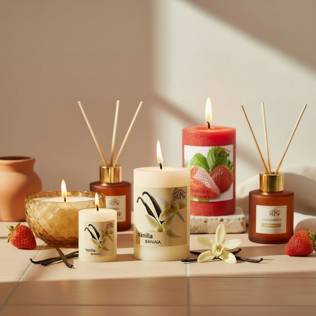 Αρωματικά κεριά κολώνα Vanilla και Strawberry σε διάφορα μεγέθη με reed diffusers, φράουλες και βανίλιες σε μπεζ επιφάνεια - VassoHome