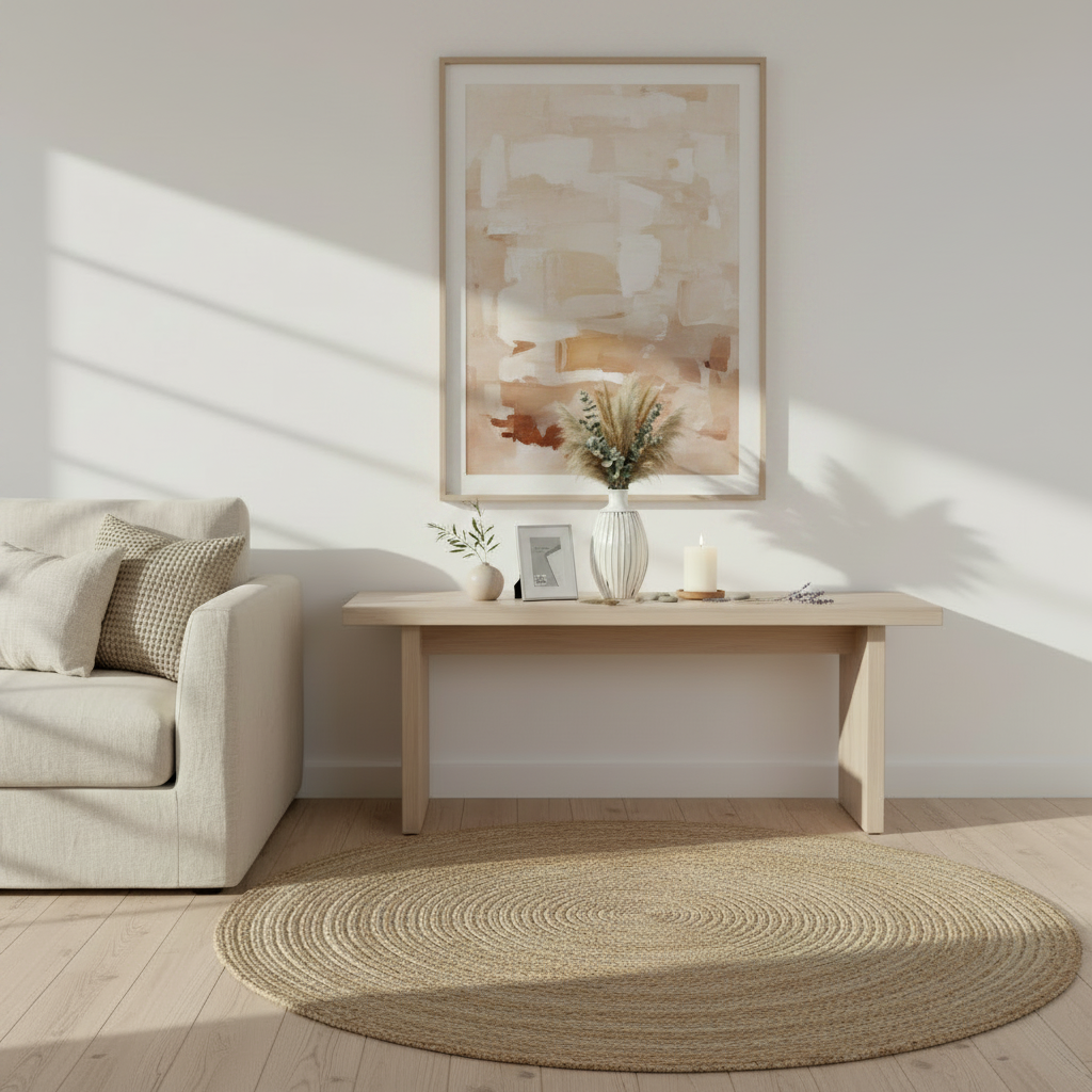 Ριγέ κεραμικό βάζο λευκό-μαύρο 28cm με pampas grass και ευκάλυπτο σε ξύλινη κονσόλα με επάργυρη minima κορνίζα, αναμμένο κερί κολώνα και βότσαλα σε φωτεινό λευκό σαλόνι  με καμβά  - VassoHome