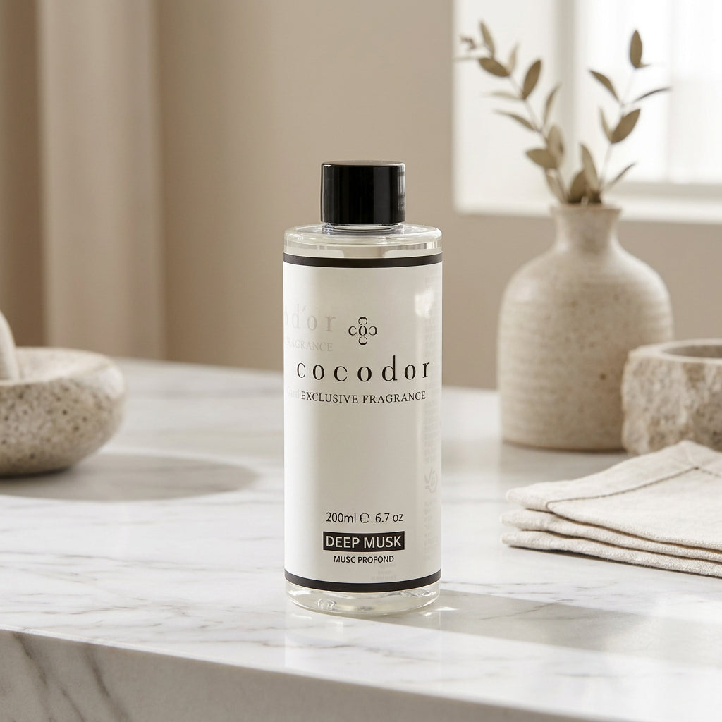 Ανταλλακτικό αρωματικού χώρου Cocodor Deep Musk 200ml σε μαρμάρινη επιφάνεια με diffuser και κεραμικό βάζο στο φόντο - VassoHome