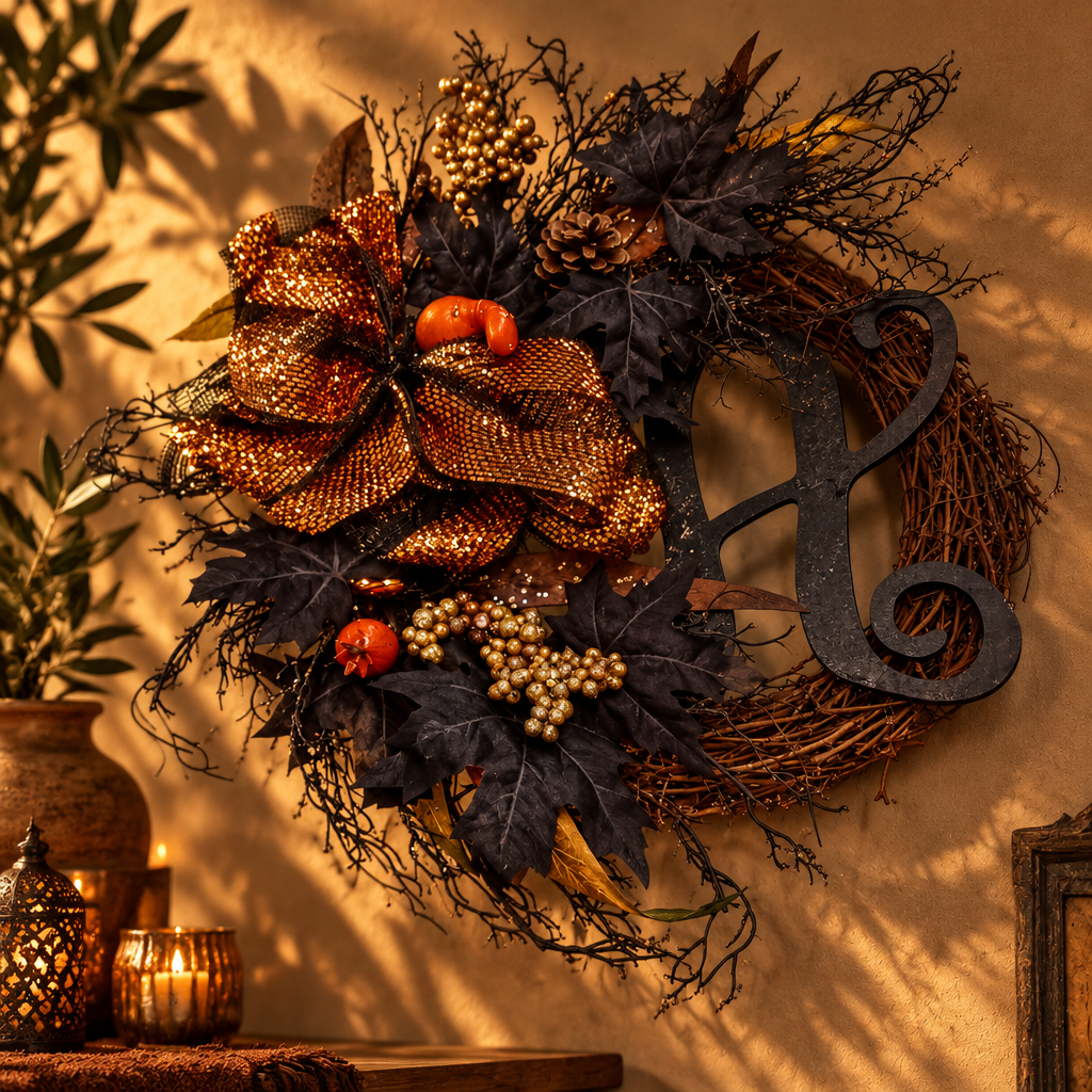 Στεφάνι Halloween με μαύρα φύλλα, χρυσοπορτοκαλί φιόγκο, κουκουνάρια και μικρές πορτοκαλί κολοκύθες, κρεμασμένο σε τοίχο με ζεστό χρυσαφένιο φωτισμό - VassoHome 