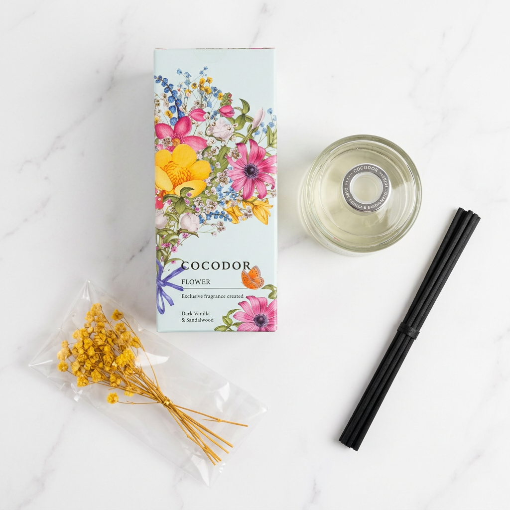 Άνω όψη περιεχομένων συσκευασίας Cocodor Vanilla & Sandalwood με γυάλινο μπουκάλι, μαύρα sticks και συσκευασμένα κίτρινα λουλούδια σε μαρμάρινη επιφάνεια - VassoHome